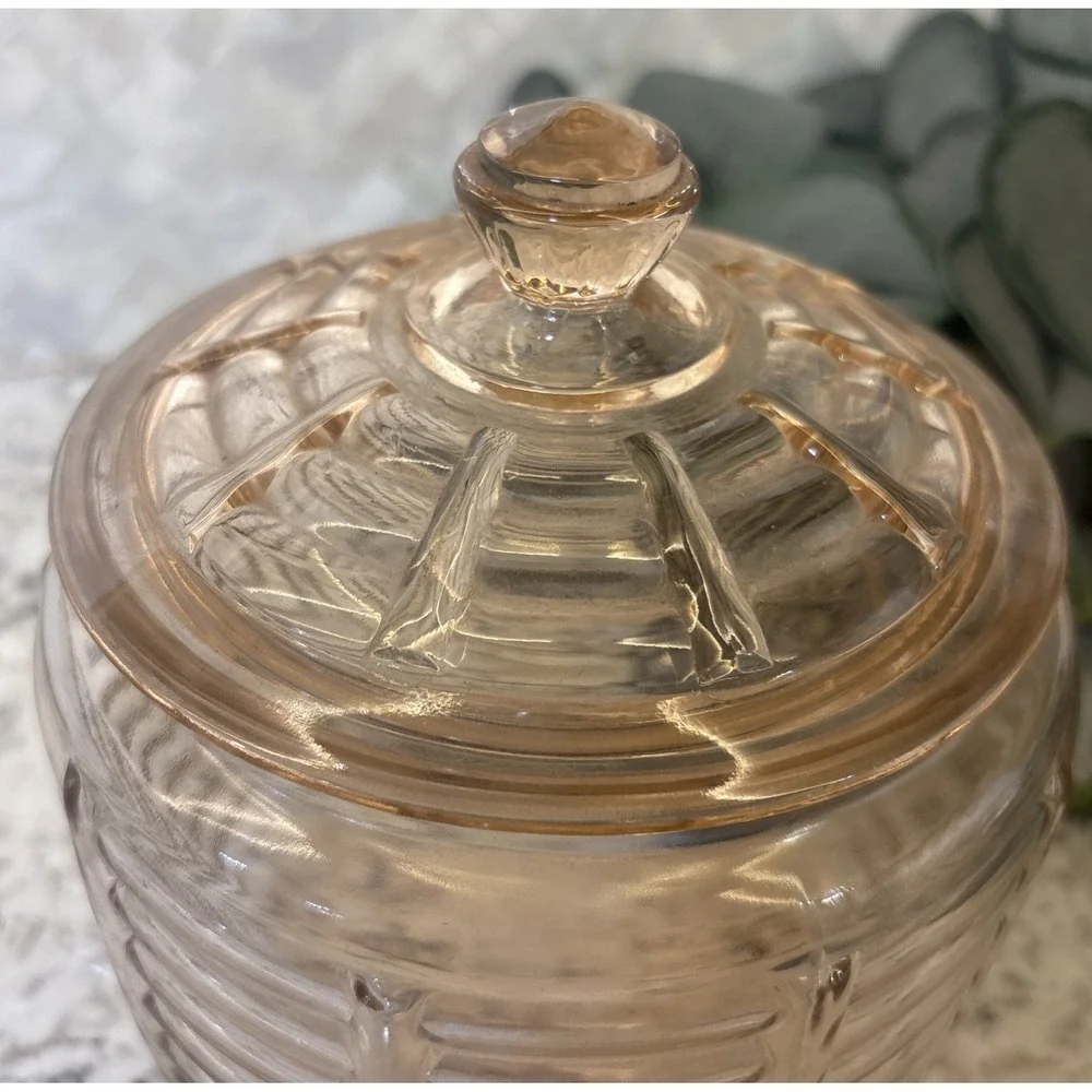 Vtg Anchor Hocking Manhattan Pink Depression Glass Beehive Biscuit Cookie Jar